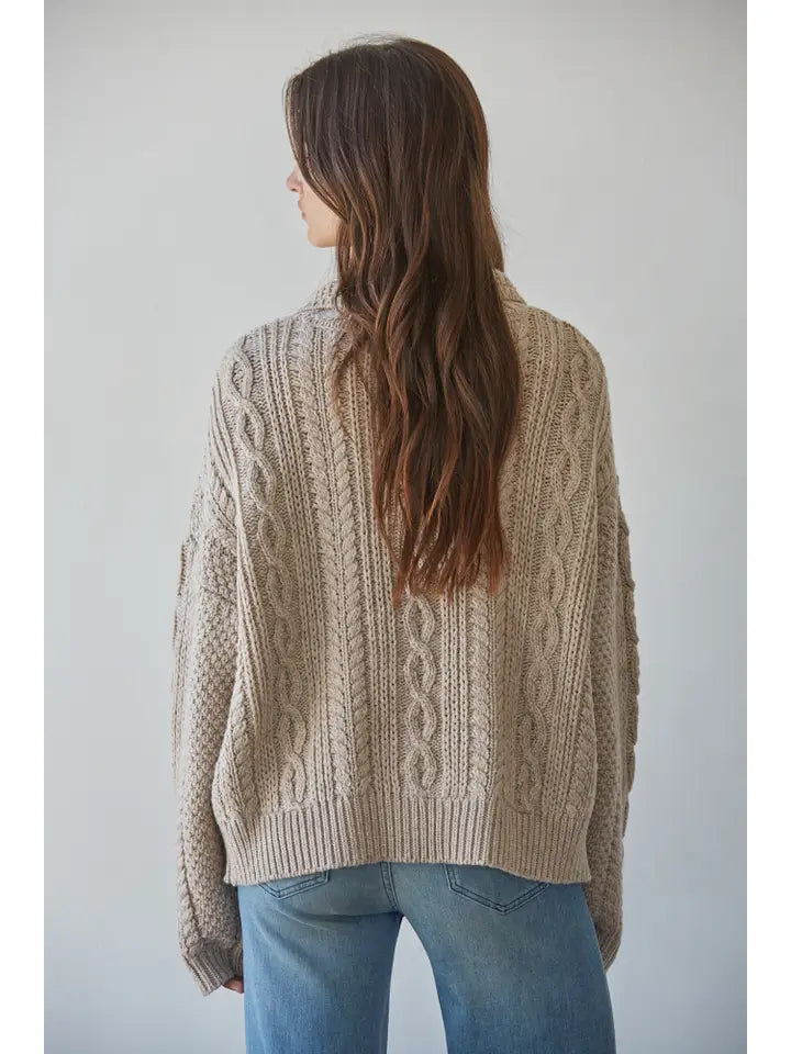 Cable Knit Mock Cardigan - Taupe