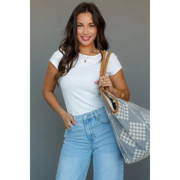 Diamond Pattern Tote - Gray & Cream