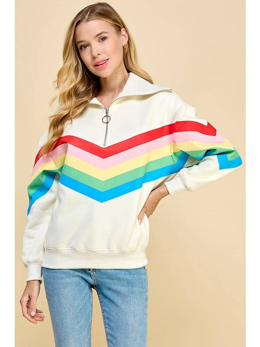 Quarter Zip Sweatshirt - Cream/Rainbow
