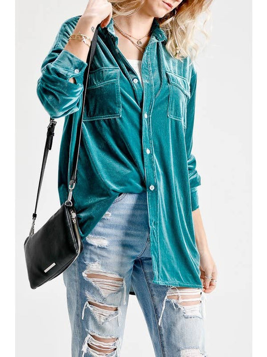 Velvet Button Down Shirt - Hunter Green