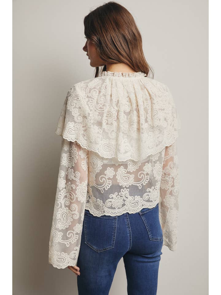 Sheer Embroidered Lace Blouse - Ecru