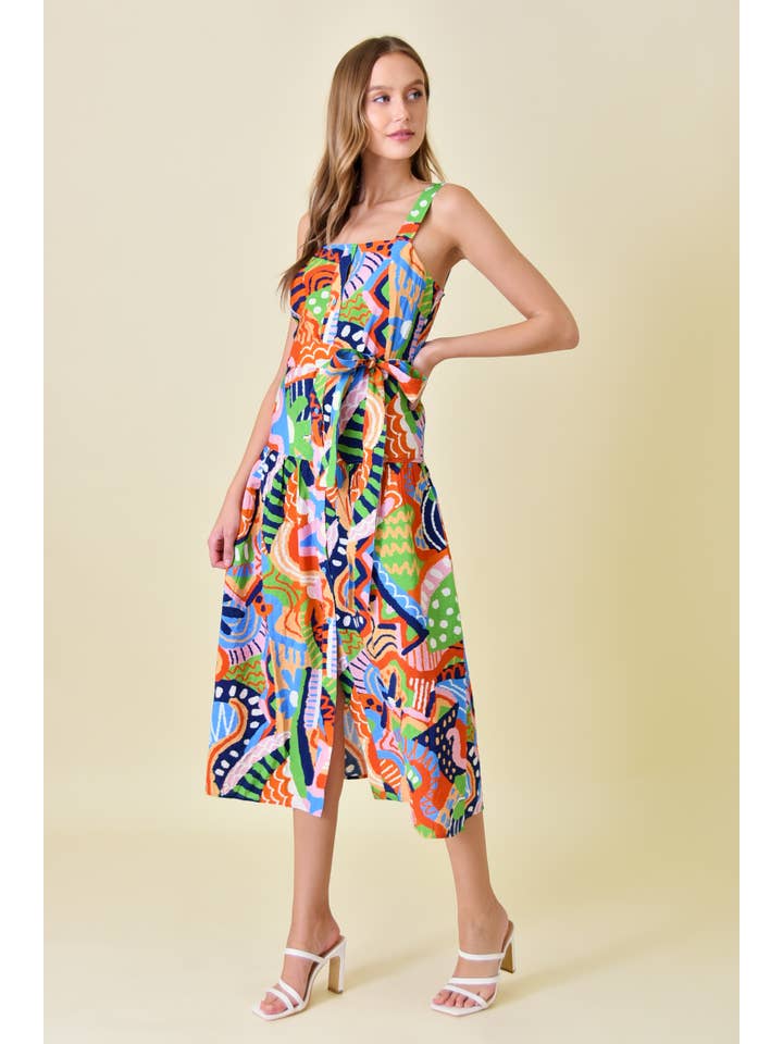 Waist Tie Midi Dress - Abstract Multi