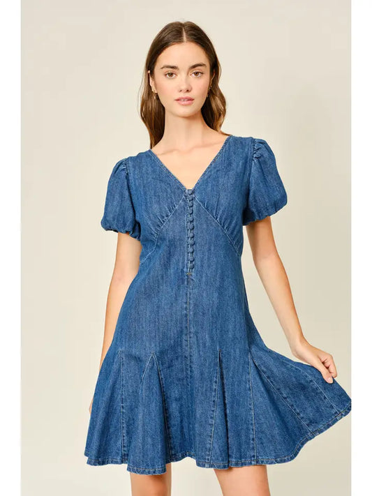 Puff Sleeve Mini Dress - Denim
