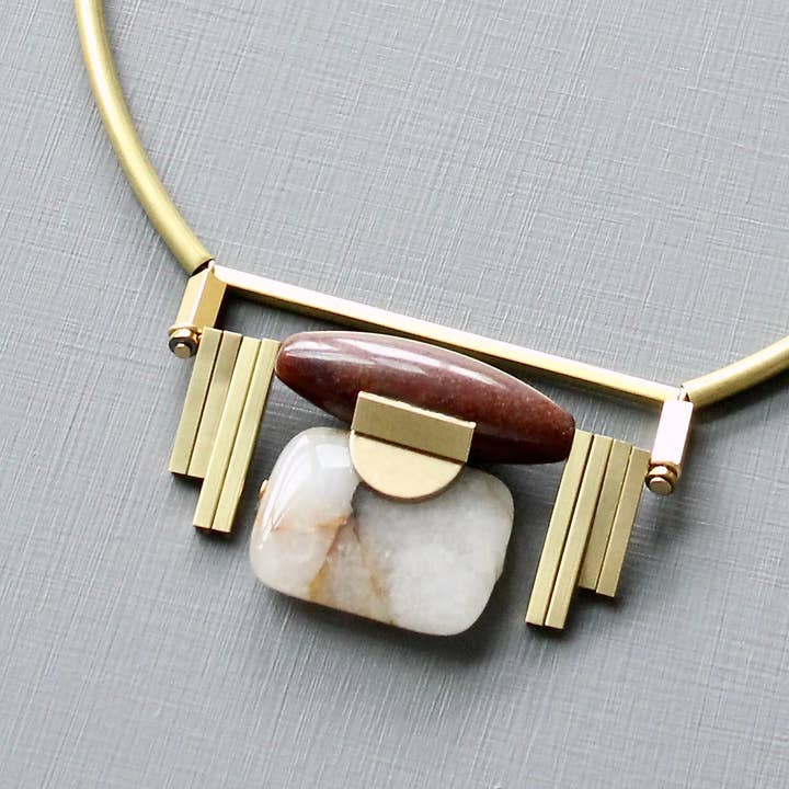 Burgundy and Jasper Art Deco Pendant Necklace