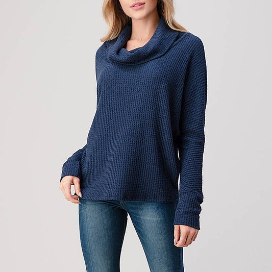 Brushed Knit Cowl Neck Tunic Top - Navy