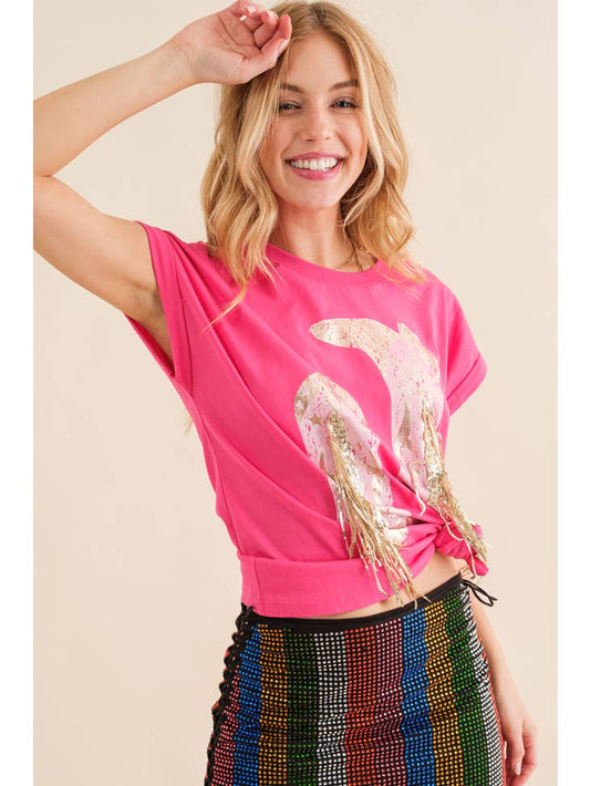 Foil Graphic Fringe T Shirt - Hot Pink