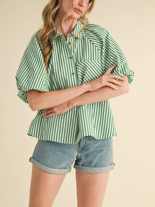 Striped Bubble Sleeve Button Down - Green