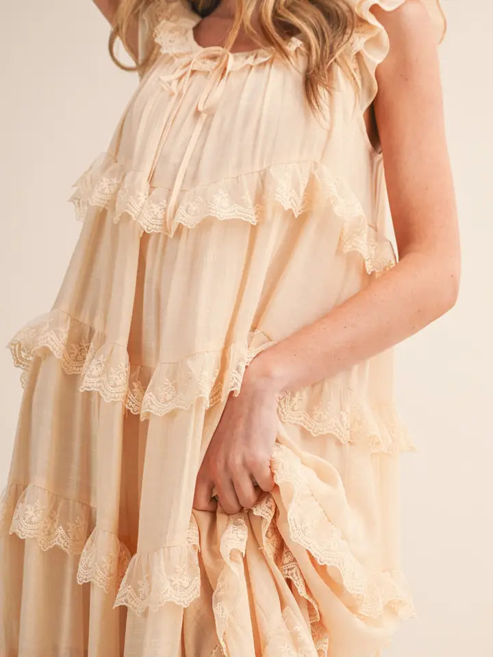 Tiered Lace Trim Maxi Dress - Vanilla Cream