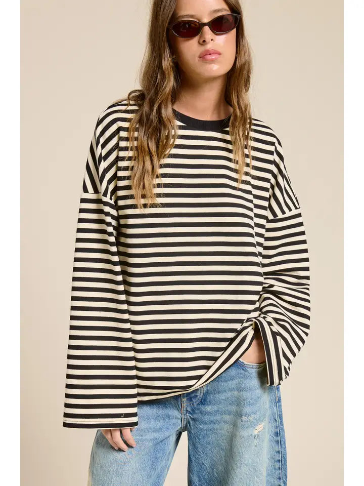 Striped Oversized Long Sleeve Top - Black
