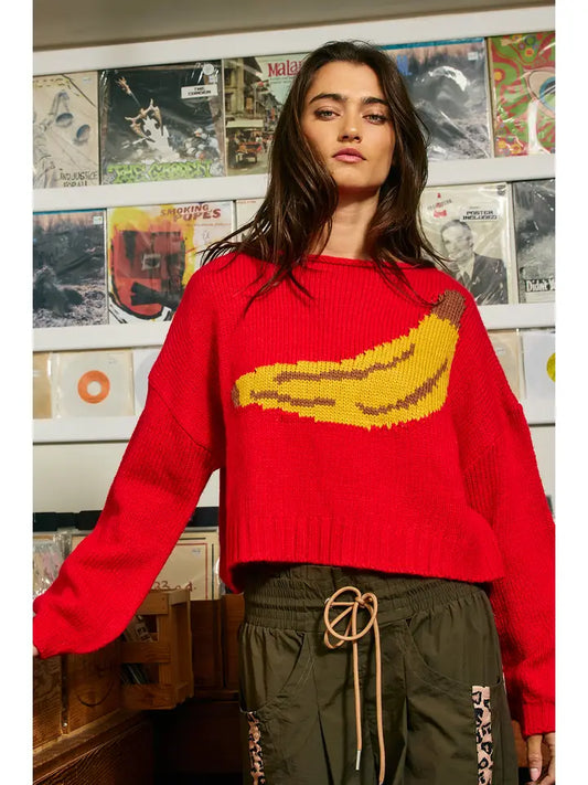 Motif Knit Graphic Chunky Sweater - Red Banana