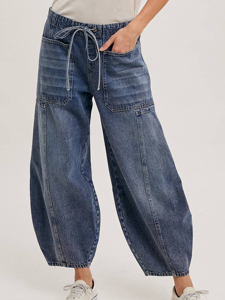 Drawstring Barrel Jeans - Medium Wash