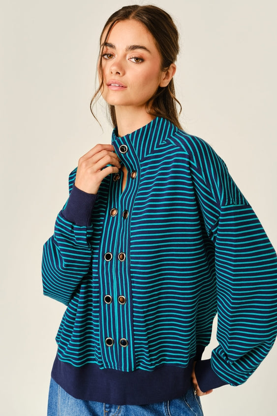 Pullover Striped Eyelet Detail Sweatshirt - Navy/Green