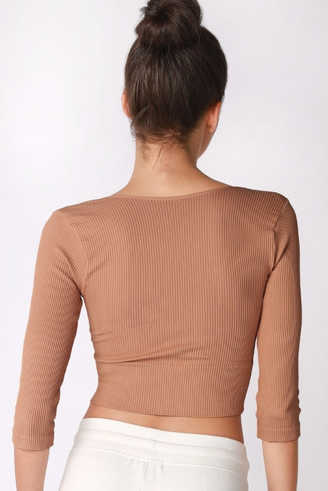 3/4 Sleeve V Neck Crop Top - Cognac