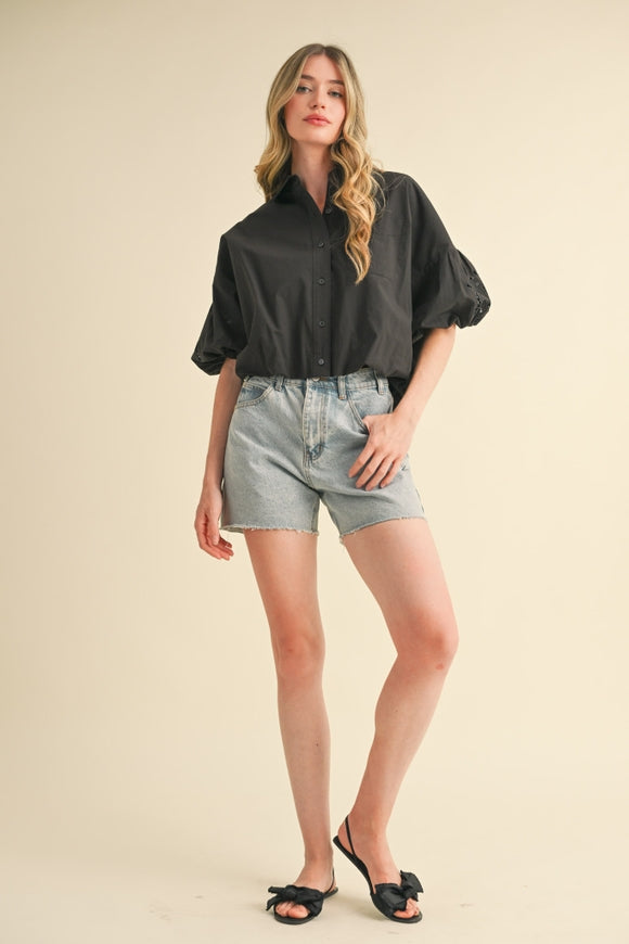 Embroidered Bubble Sleeve Button Down - Black