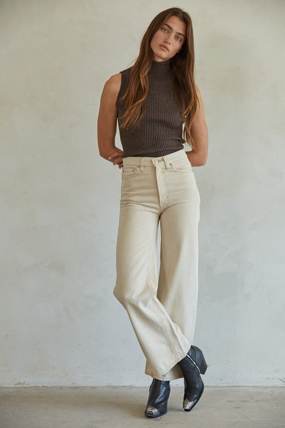 Knit Turtleneck Sleeveless Pullover Top - Dark Chocolate