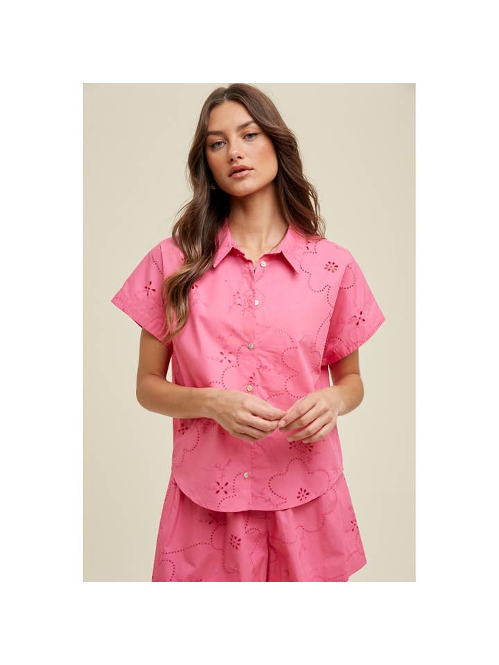 Floral Eyelet Button Down - Pink