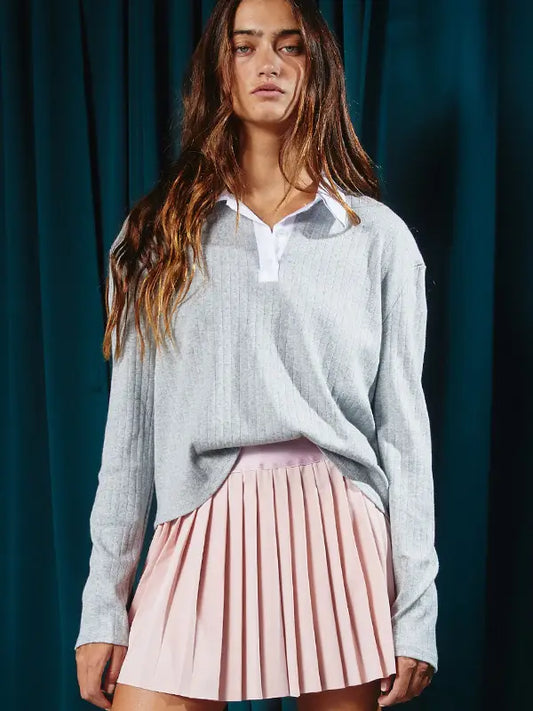 Contrast Collared Crop Top - Grey