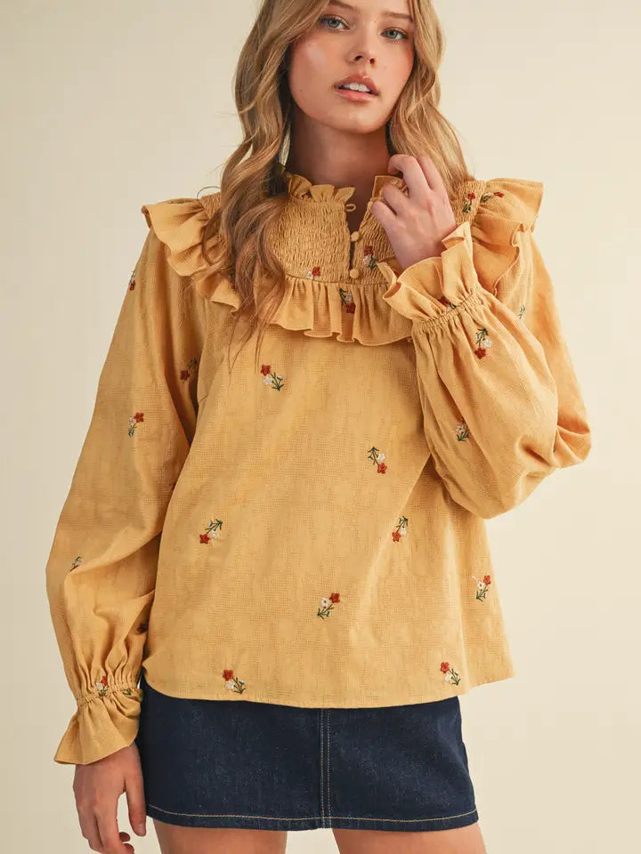 Smocked Yoke Embroidered Blouse - Ash Mustard