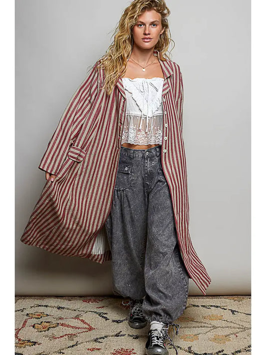 Long Striped Coat - Red Multi