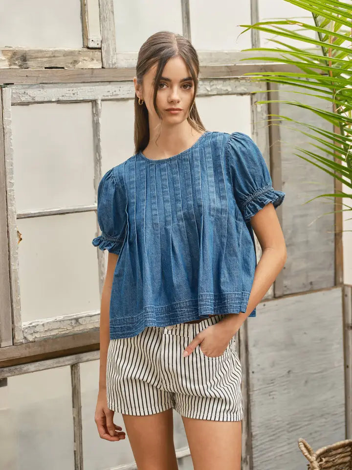 Short Sleeve Pleated Top - Denim