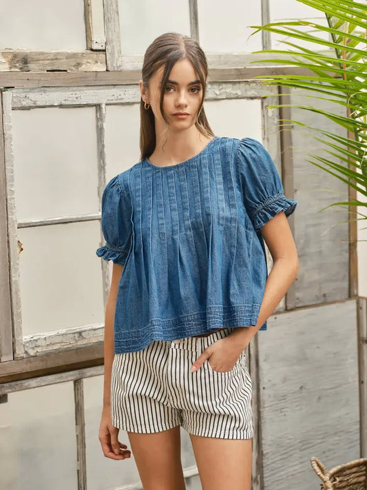 Short Sleeve Pleated Top - Denim
