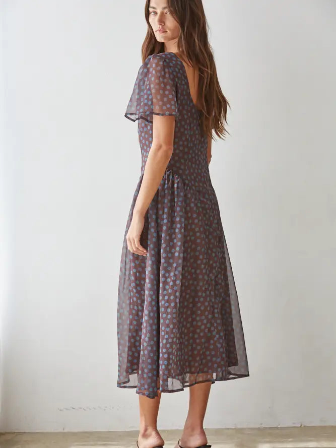 Chiffon Polka Dot Midi Dress - Brown Teal