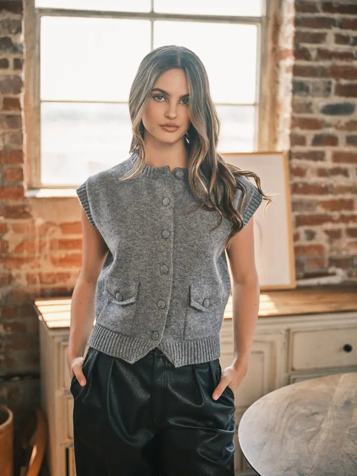 Button Down Sweater Vest Top - Grey