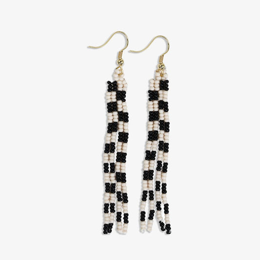 June Mini Checked Beaded Fringe Earrings - Black & White