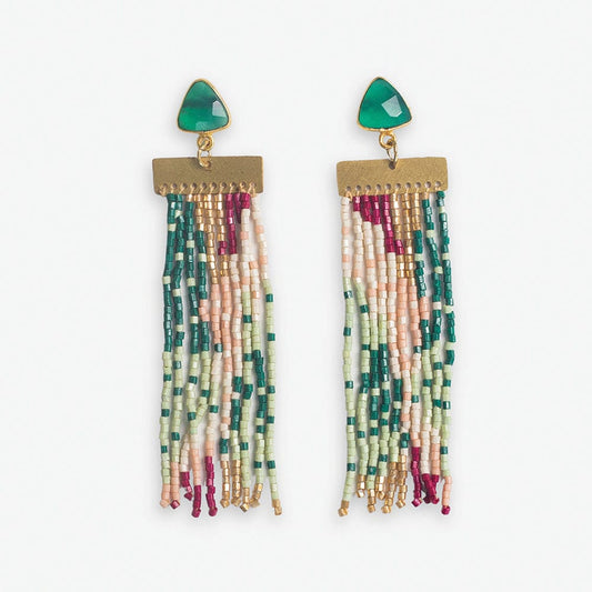 Lilah Stone Beaded Fringe Earrings - Emerald