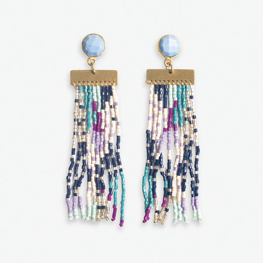 Lilah Stone Beaded Fringe Earrings - Light Blue