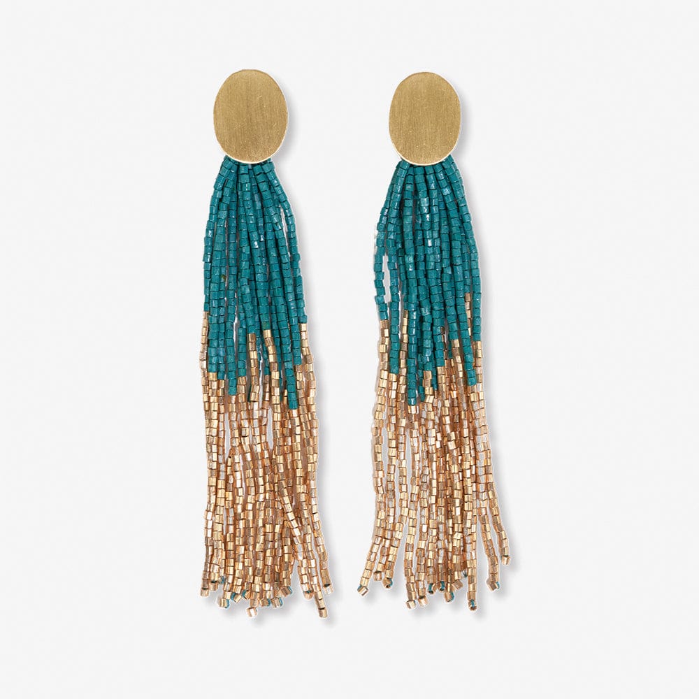 Mae Oval Beaded Tassel Earrings - Teal