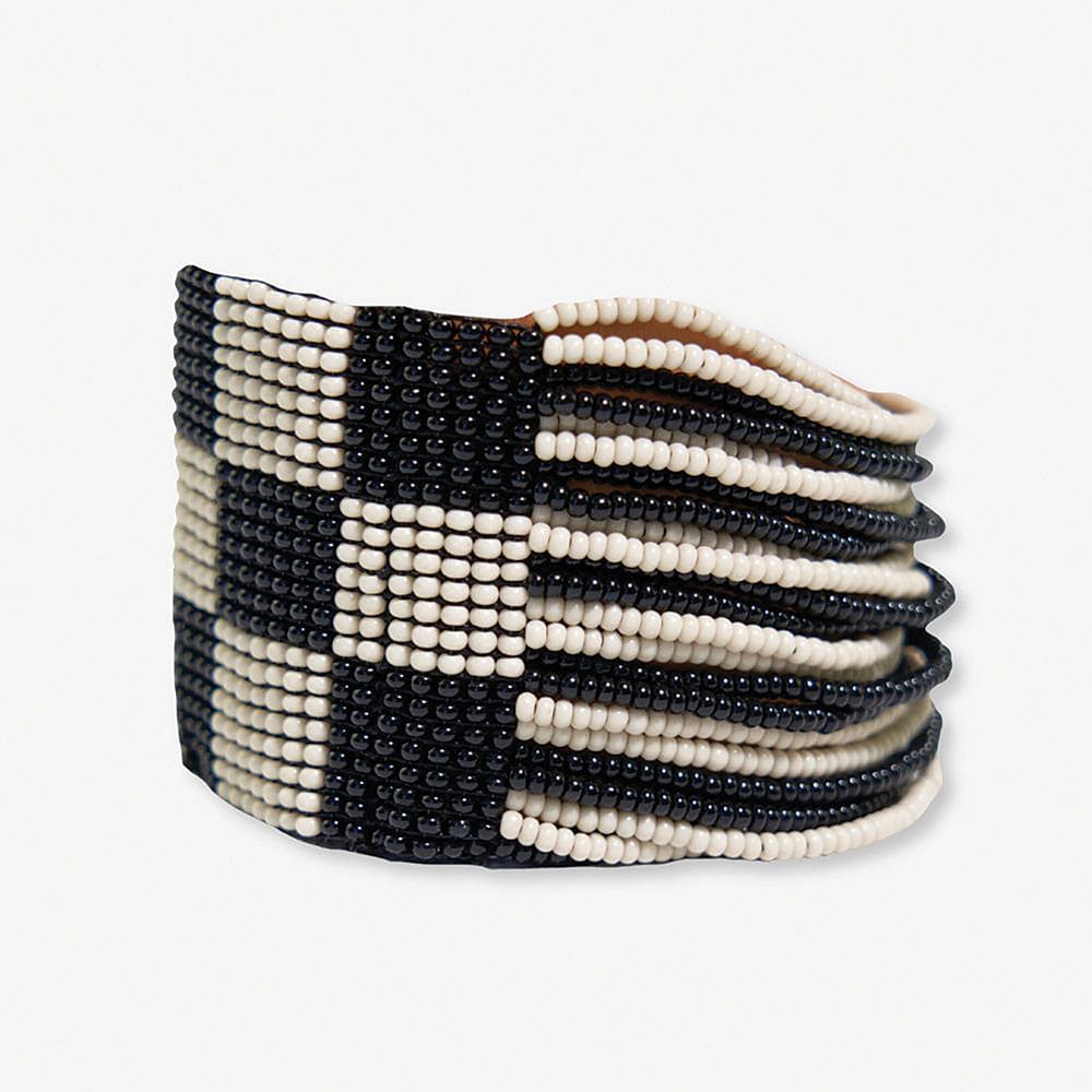 Olive Checkered Beaded Stretch Bracelet - Black