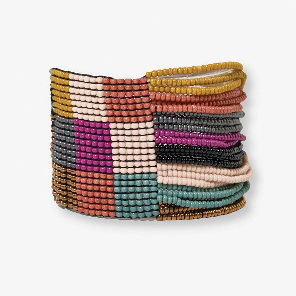 Olive Checkered Beaded Stretch Bracelet - Muted Rainbow