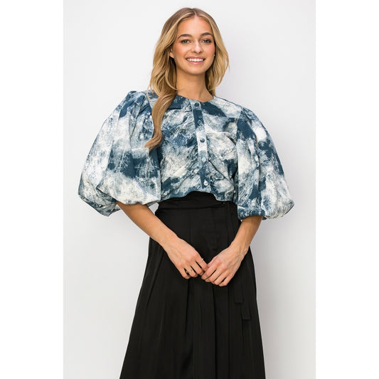 Puff Sleeve Printed Top - Denim Multi