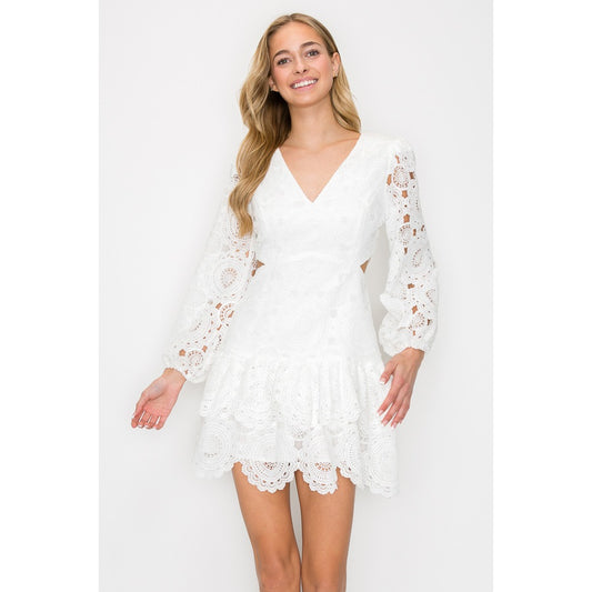 Side Cut Out Lace Mini Dress - White