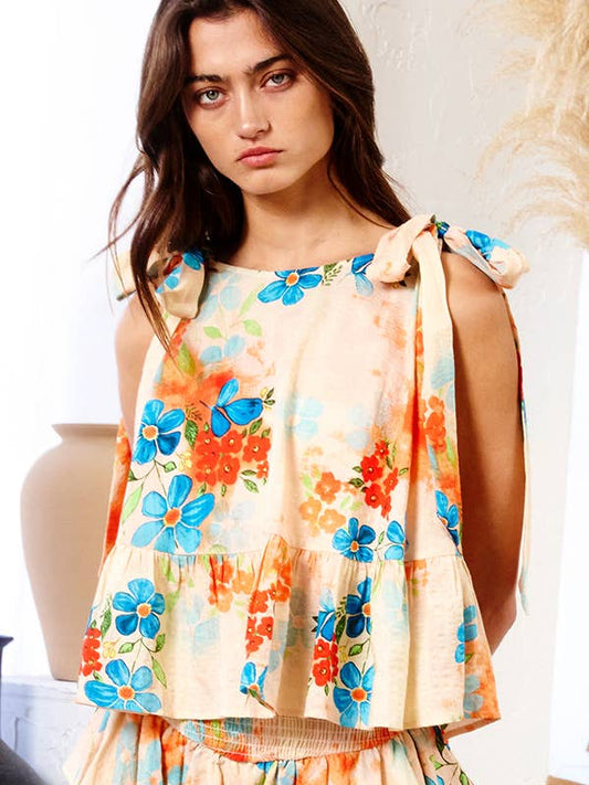 Floral Tie-Shoulder Tank - Yellow