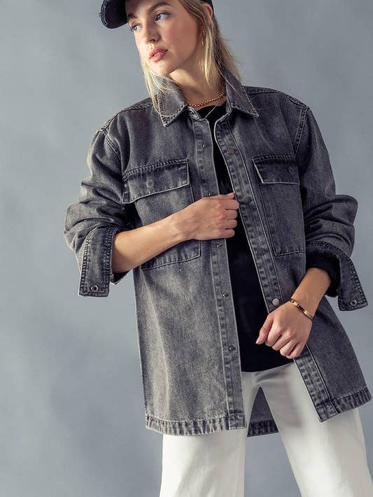 Washed Denim Snap Button Jacket - Black