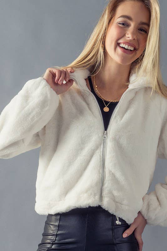 Faux Fur Zip Crop Jacket - Ivory