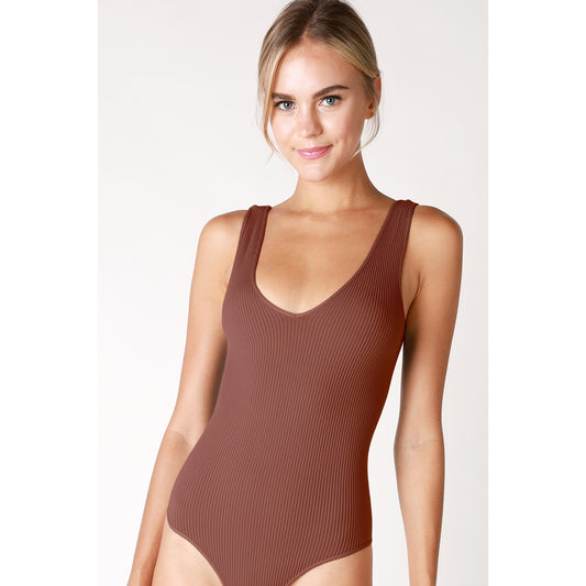 Ribbed V Neck Bodysuit - Mahogany