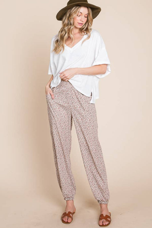 Floral Print Jogger Pants - Light Taupe