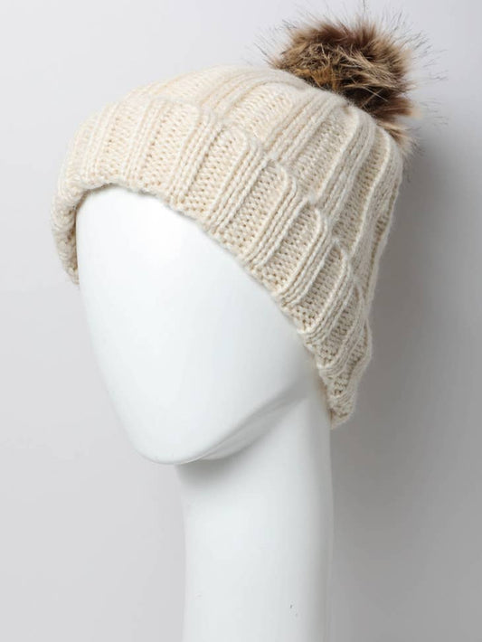 Ribbed Faux Fur Pom Beanie - Ivory