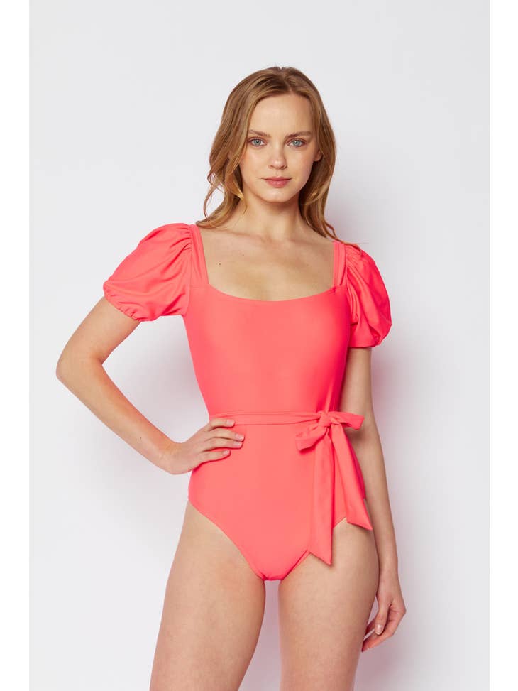 Puff Sleeve One Piece Swimsuit - Coral