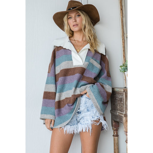 Collared Striped Pullover - Multi