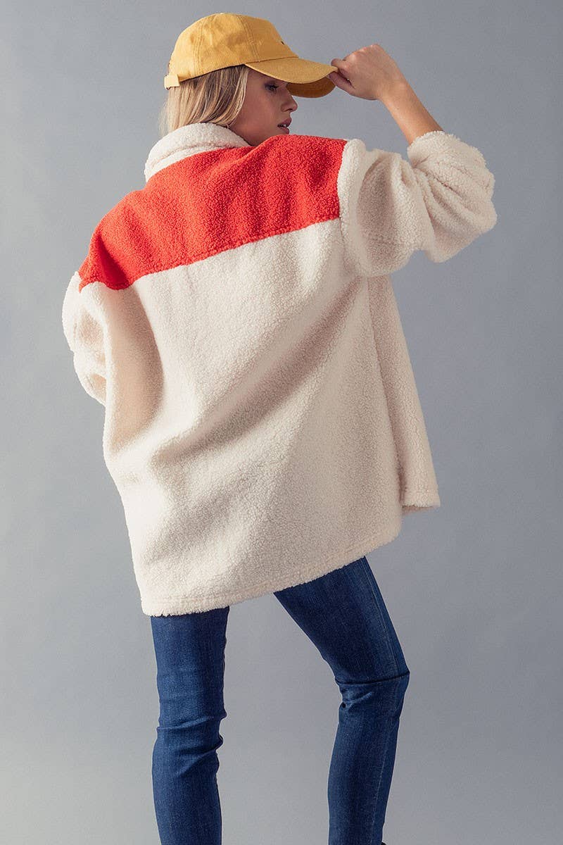 Color Block Pocket Fleece Jacket - Ivory / Red