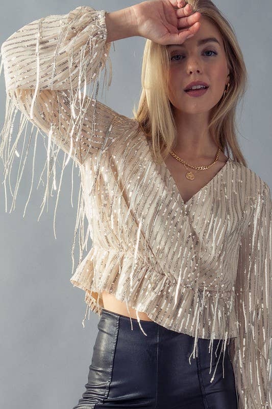 Sequin Fringe Crop Blouse - Silver