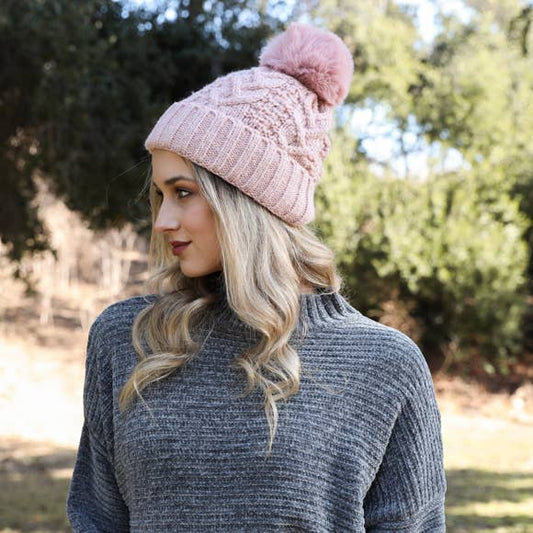 Cable Knit Faux Fur Pom Beanie - Pink