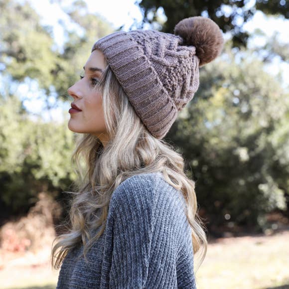 Cable Knit Faux Fur Pom Beanie - Gray