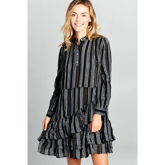 Striped Ruffle Shirt Dress - Black