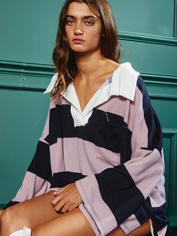 Rugby Stripe Pullover Top- Navy / Mauve