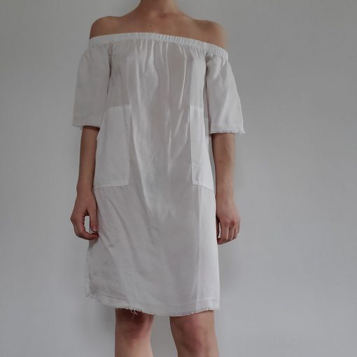 Raw Hem Off Shoulder Pocket Dress - White - Final Sale